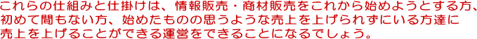 これらの仕組みと仕掛けは、情報販売・商材販売をこれから始めようとする方、初めて間もない方、始めたものの思うような売上を上げられずにいる方達に売上を上げることができる運営をできることになるでしょう。